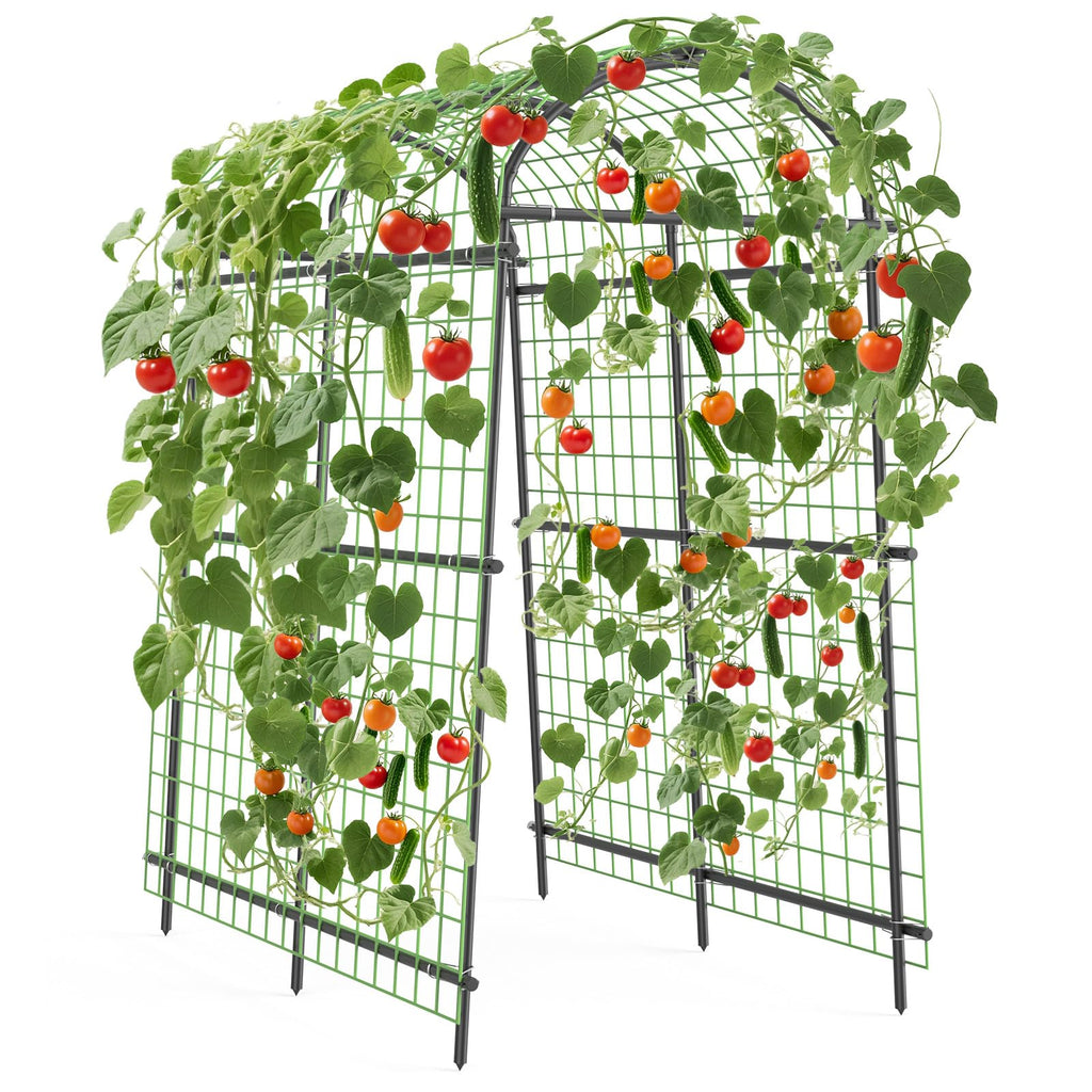 Garvee 7.5FT Garden Arch Trellis with Netting, Adjustable Metal Plant Support for Climbing Vines, Roses, Cucumbers & Raised Beds, Black