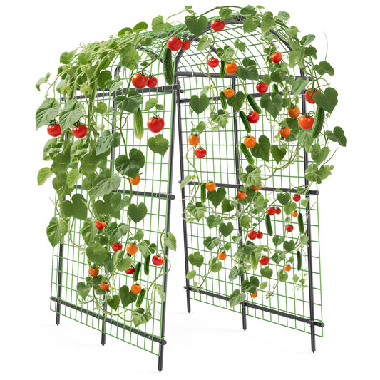 Garvee 7.5FT Garden Arch Trellis with Netting, Adjustable Metal Plant Support for Climbing Vines, Roses, Cucumbers & Raised Beds, Black
