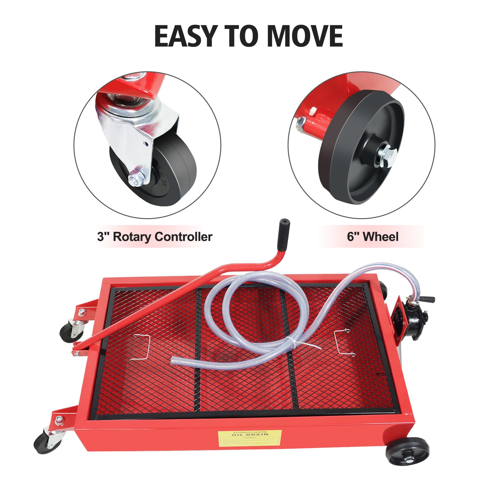 Garvee Low Profile Oil Drain Pan 15-Gallon Capacity Manual Rotary Pump Durable Plastic Wheels 7.2 Inch Hose for Cars Trucks SUVs