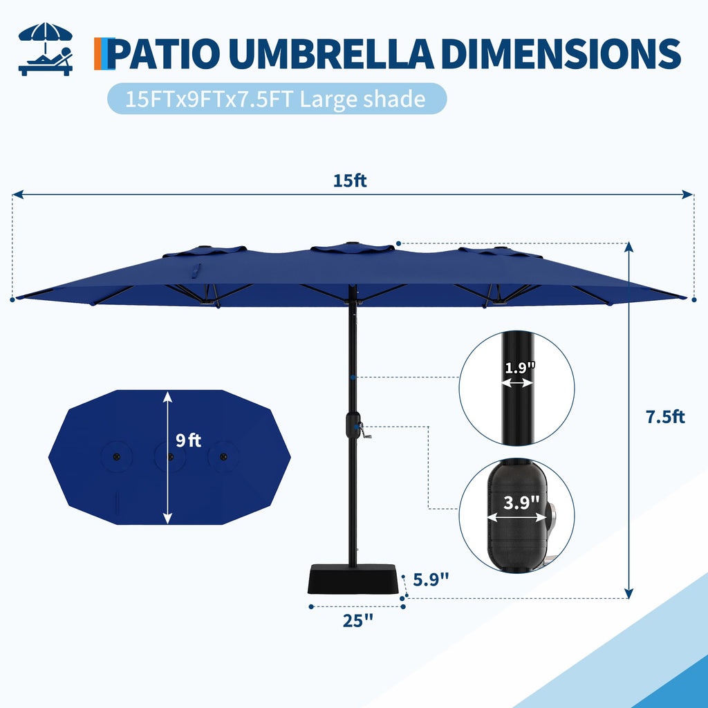 Garvee 15ft Double-Sided Rectangular Pool Umbrella with Base – 133 sq.ft Shade, Manual Crank, 180G Polyester, Rust-Resistant Steel for Patio & Poolside