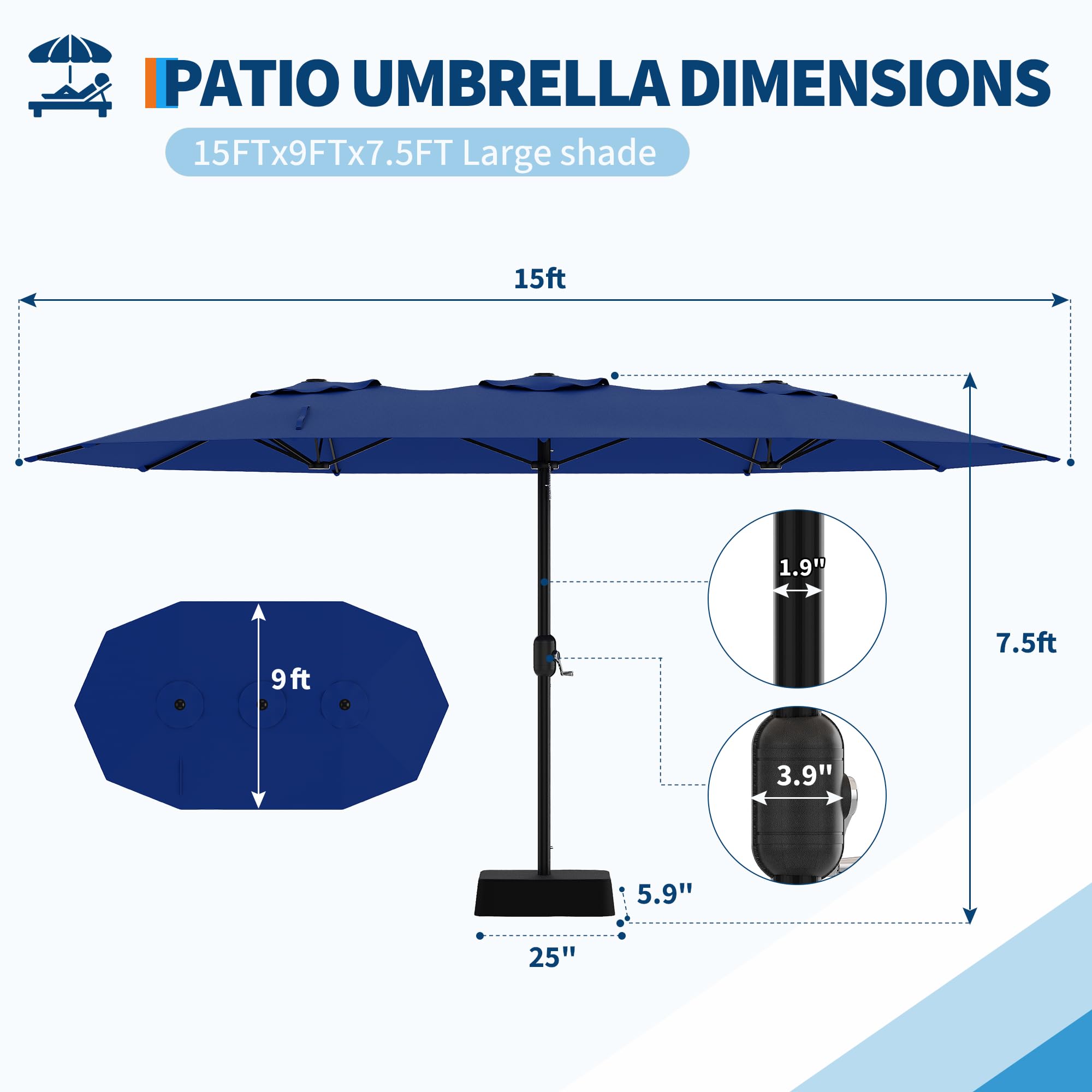 Garvee 15ft Double-Sided Rectangular Pool Umbrella with Base – 133 sq.ft Shade, Manual Crank, 180G Polyester, Rust-Resistant Steel for Patio & Poolside