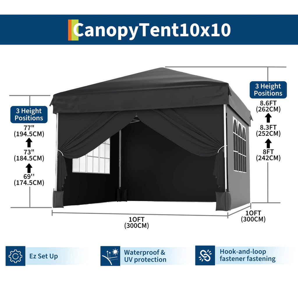 Garvee 10x10 Pop Up Canopy Tent – Waterproof with Sidewalls, Instant Setup Steel Frame, Durable Outdoor Shelter for Camping, Beach, Backyard, Party