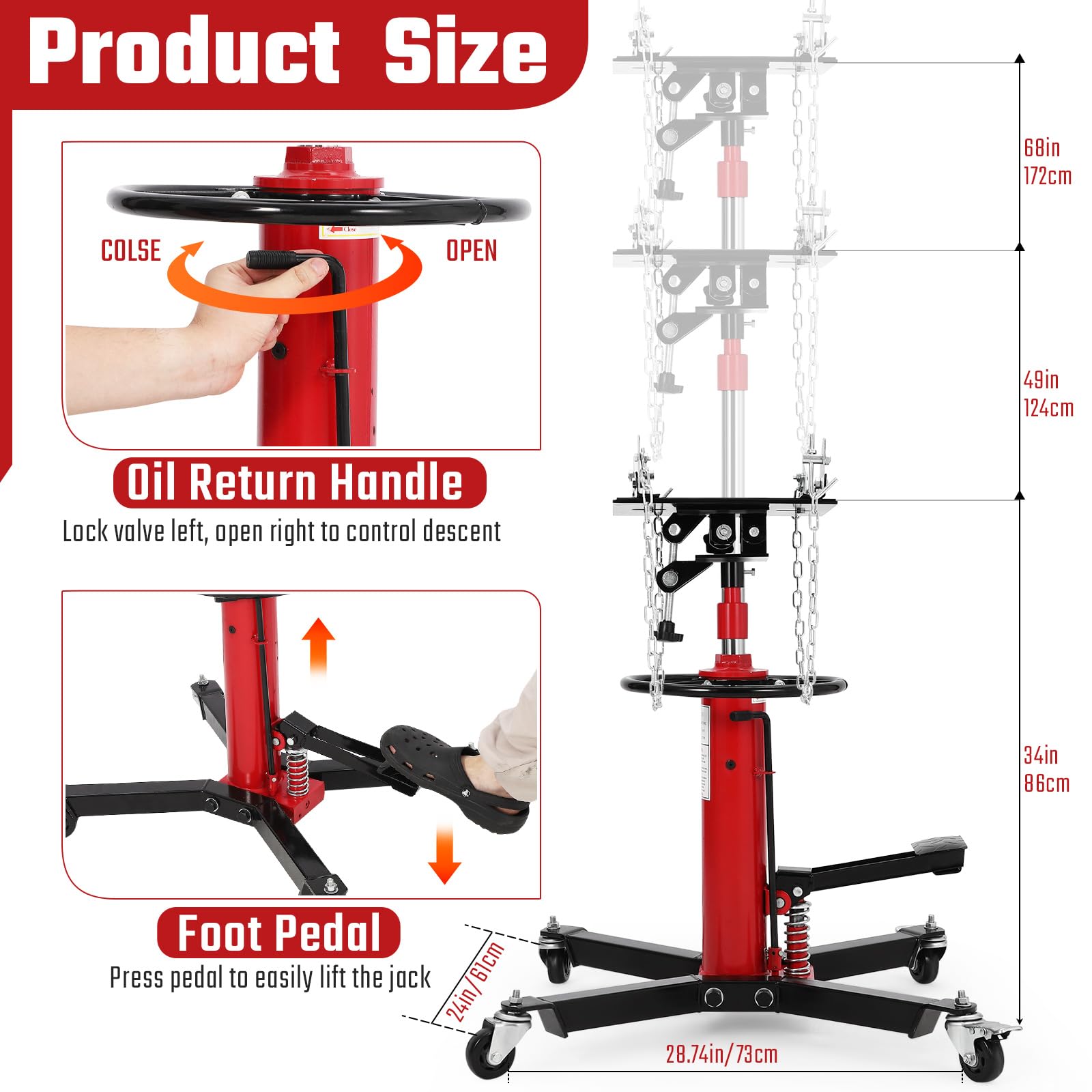 Garvee Hydraulic Transmission Jack 1322 lbs Load Capacity 34"-68" Lifting Range Steel Frame 360° Swivel Wheels with Brakes Heavy Duty Red Workshop Use