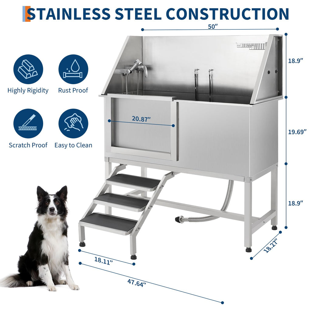 Garvee 50" Professional Stainless Steel Dog Washing Station with Ramp & Sliding Door, 304 Stainless Steel, Non-Slip Grate & Left Stairs, Grooming Salons & Home Use