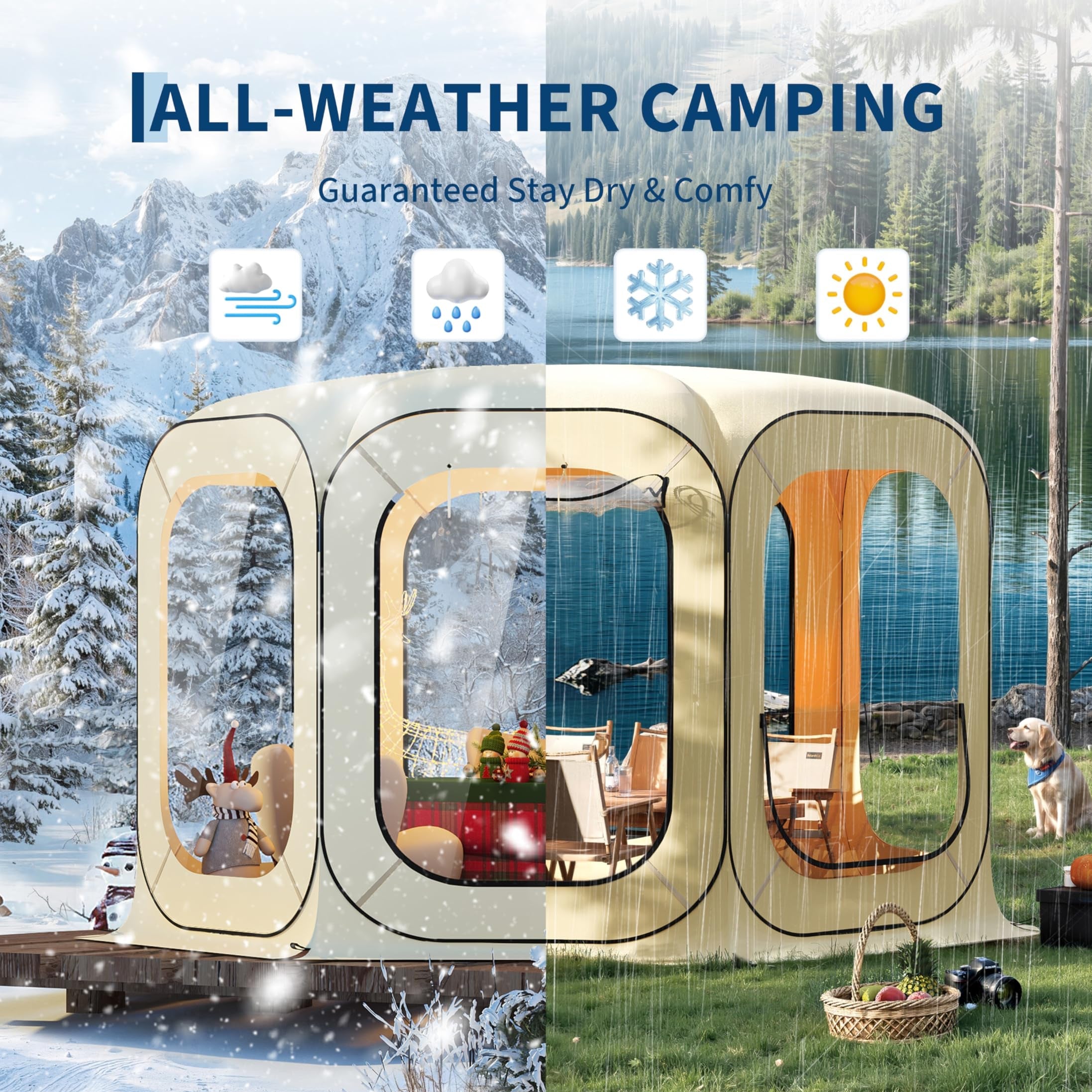 Garvee 12x12 FT All-Weather Clear Bubble Tent – Pop Up Transparent Outdoor Camping Shelter, Waterproof, Windproof & UV Protected Screen House for 8-10 People, Patio, Backyard & Events (Beige)