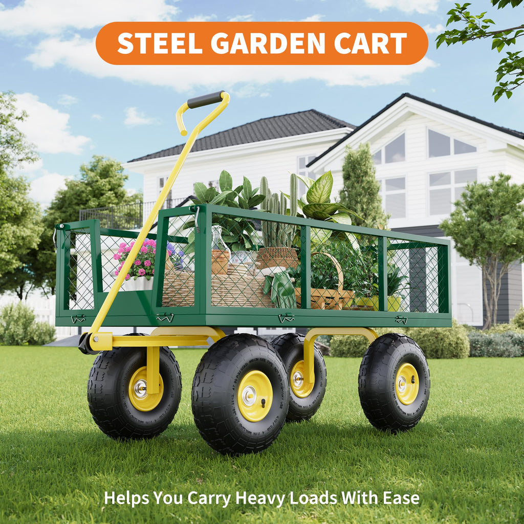 Garvee 900 Lbs Garden Wagon Heavy-Duty Steel Cart with 10" All-Terrain Tires, Removable Mesh Panels, 180° Rotating Handle for Outdoor Gardens