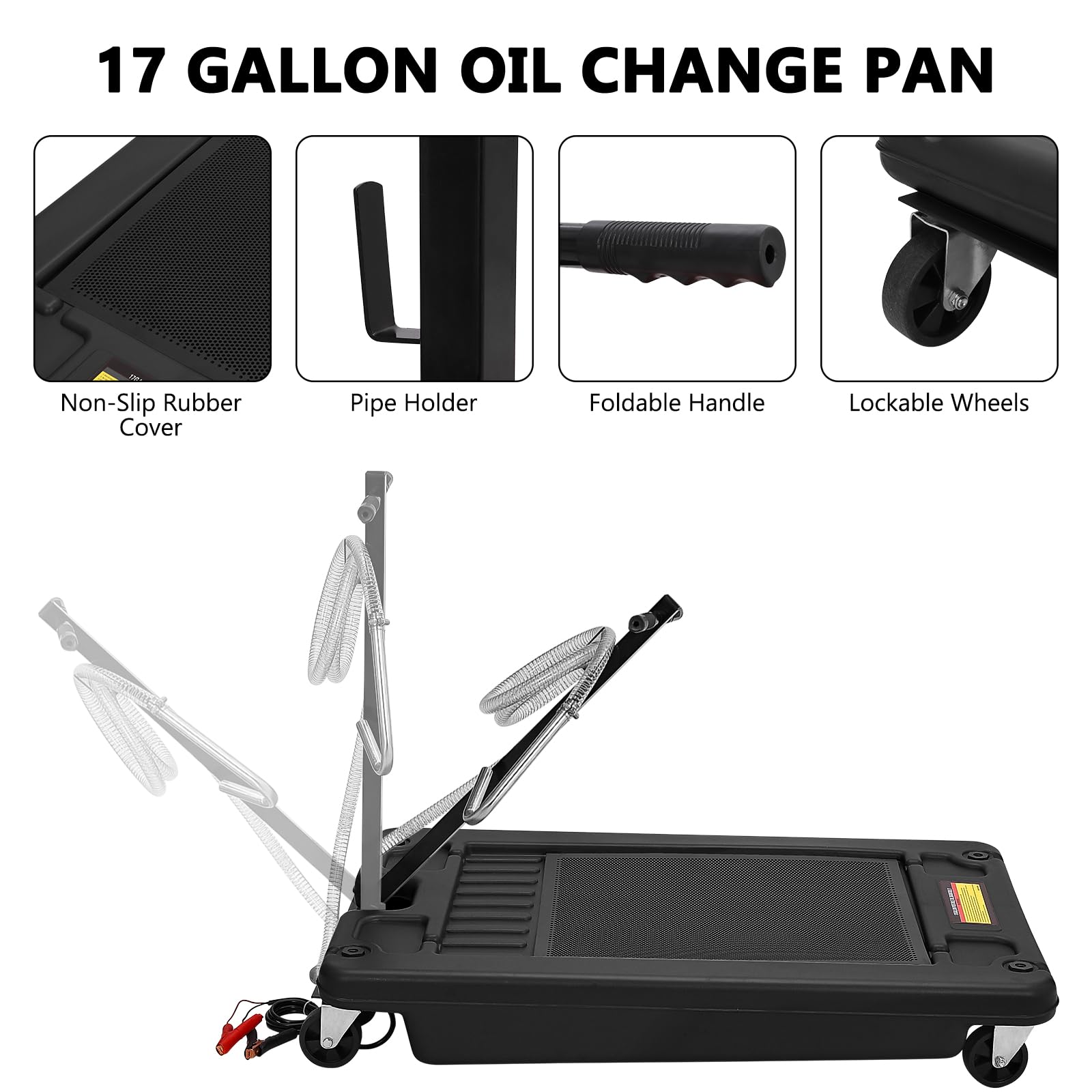 Garvee 17 Gallon Electric Oil Drain Pan with 12V Pump & 8 Ft Hose, Low Profile, T Folding Handle, Polypropylene, Wheels, for Cars SUVs Trucks