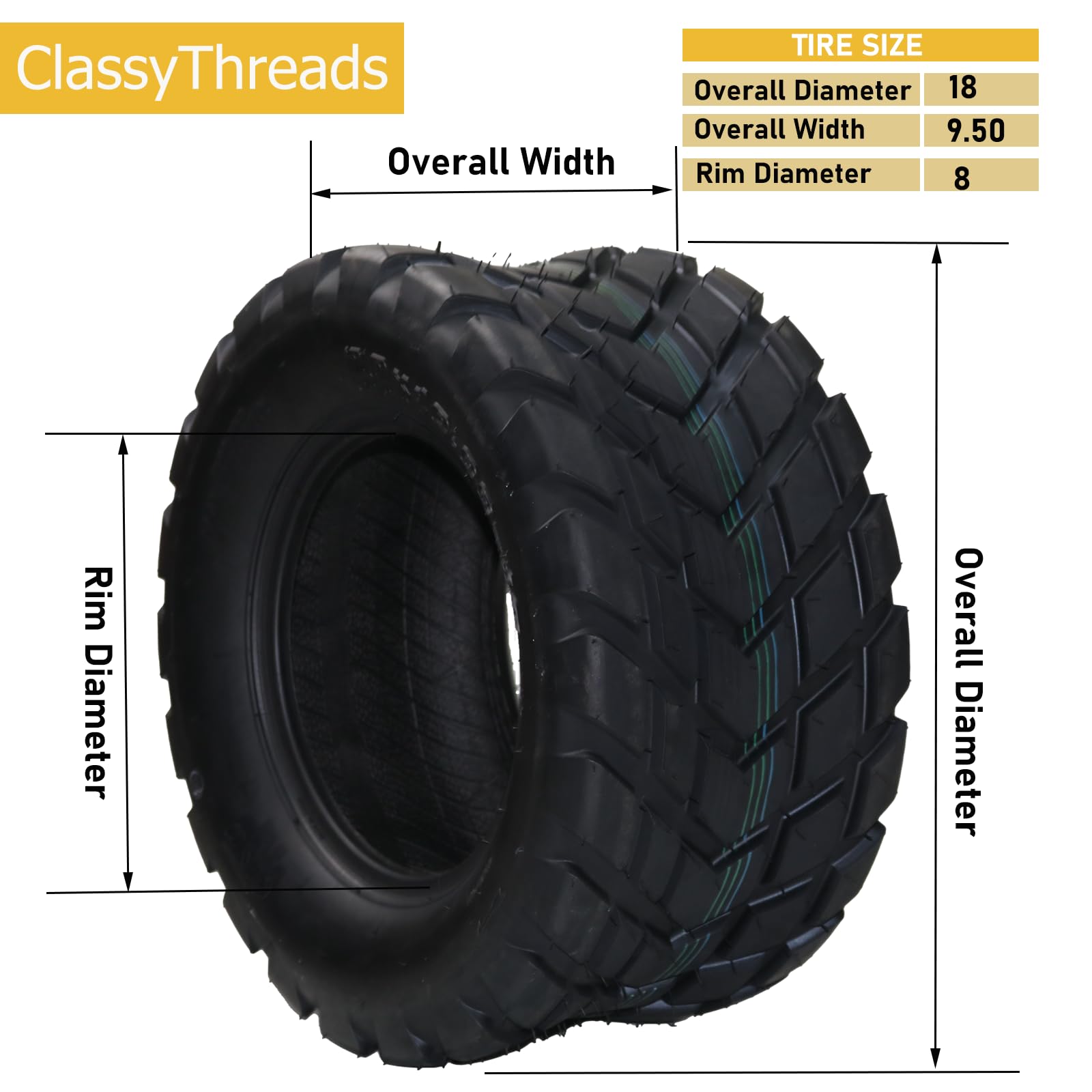 Garvee ATV Tires Set of 2 18X9.50-8 4PR All-Terrain Tubeless Nylon 4-Ply Durable Shoulder Traction Off-Road Trail Sand Mud