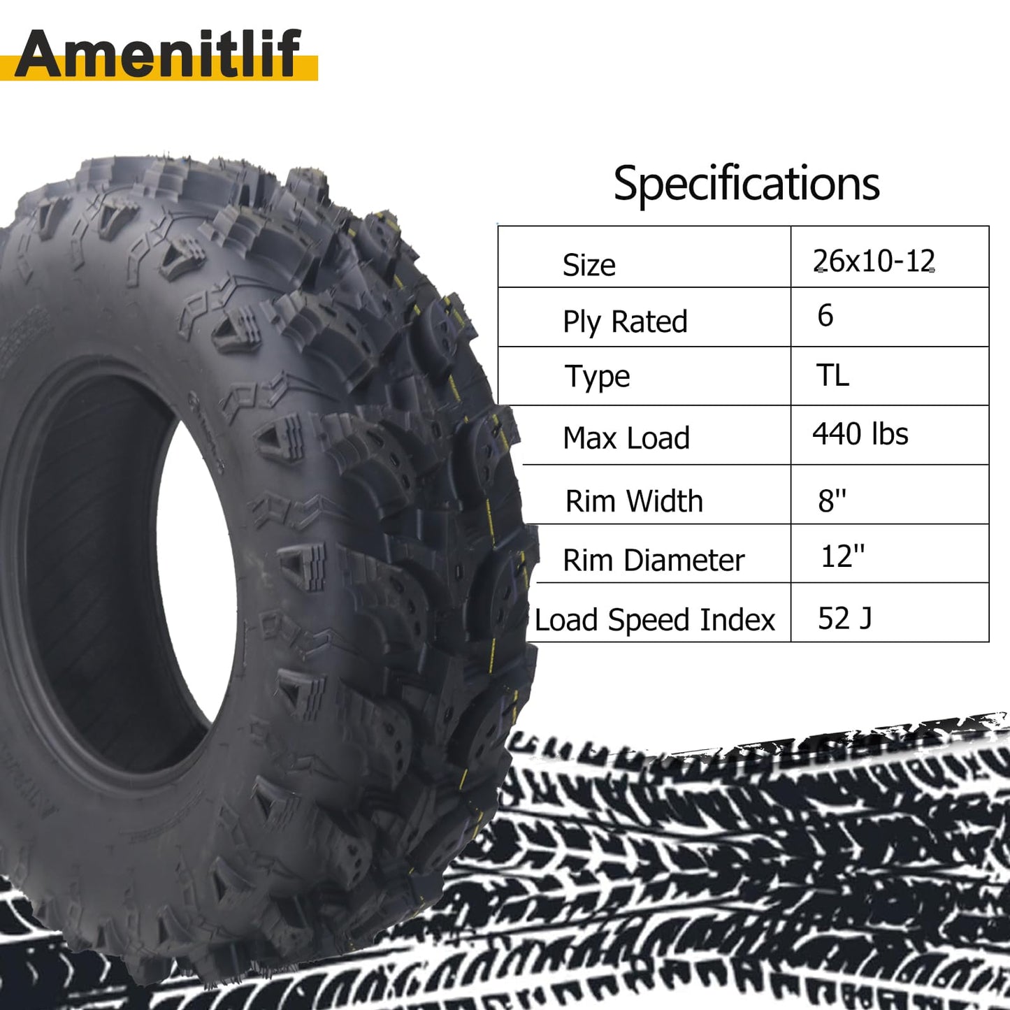 Garvee Set of 2 26x10-12 All Terrain ATV UTV Tires Tubeless 6-Ply Durable Sport Tires Aggressive Tread Mini Bike Fit Off-Road