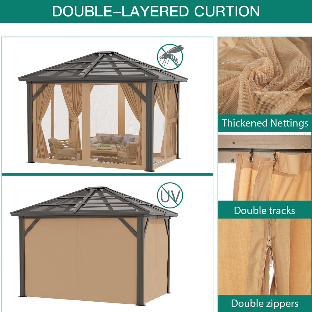 Garvee 10'x12' Hardtop Gazebo Outdoor Polycarbonate Roof Aluminum Frame with Curtains & Netting Brown Patio Pavilion for Garden