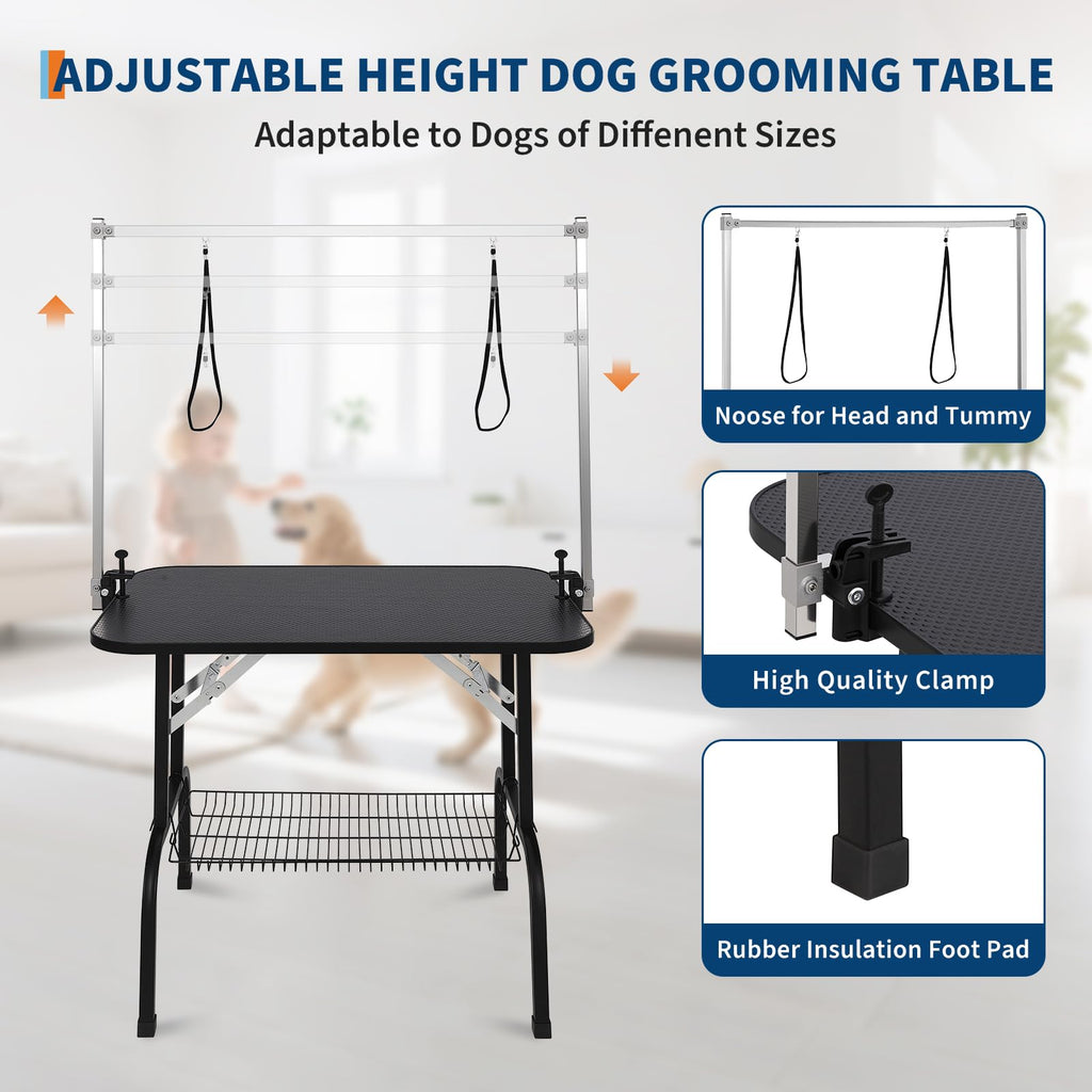 Garvee 36" Dog Grooming Table, Adjustable Height Pet Drying Desktop Foldable Pet Grooming Table Station with Arms, Noose, Mesh Tray 330LBS Capacity for Home and Pet Salon