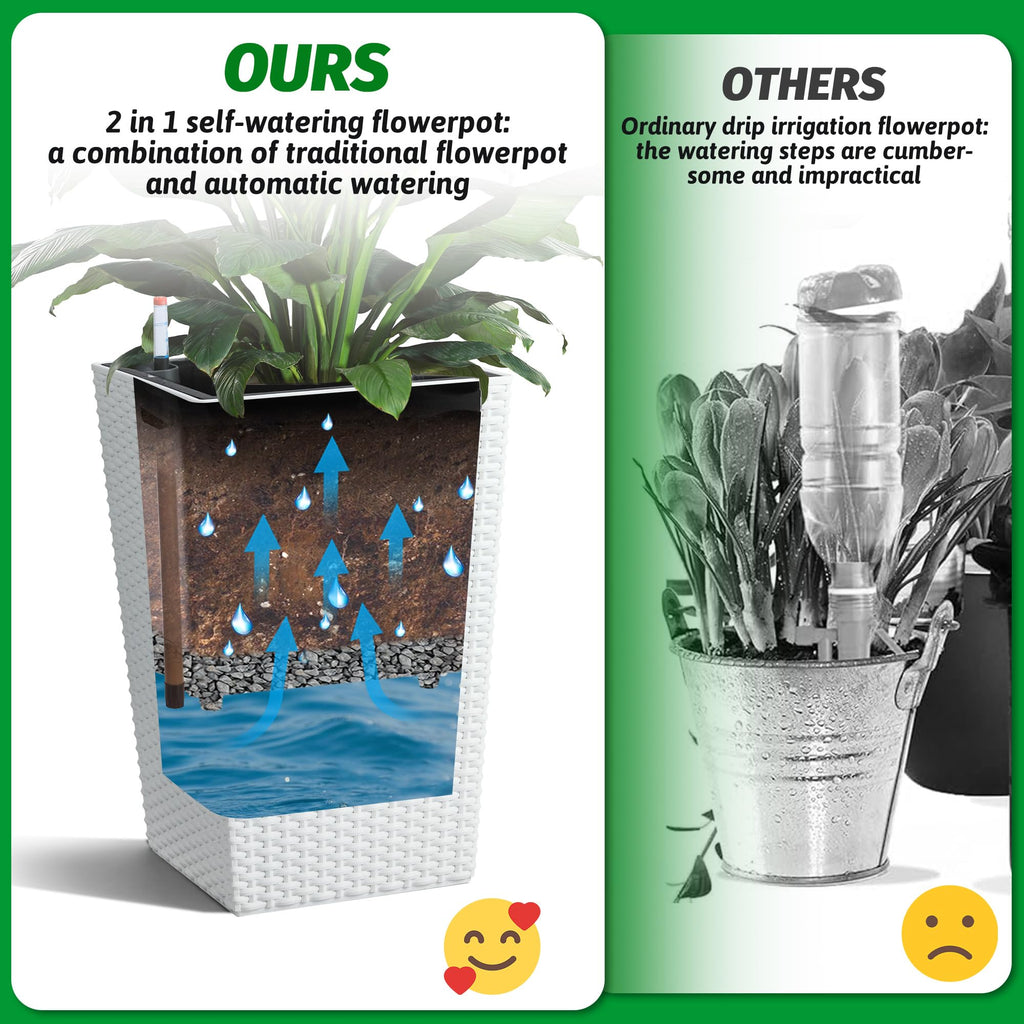 Garvee 16 Inch Tall Rattan Planter Set of 2 with Water Level Monitor & Wheels, Durable Weather-Resistant Plastic, Self-Watering, White, for Patio & Indoor