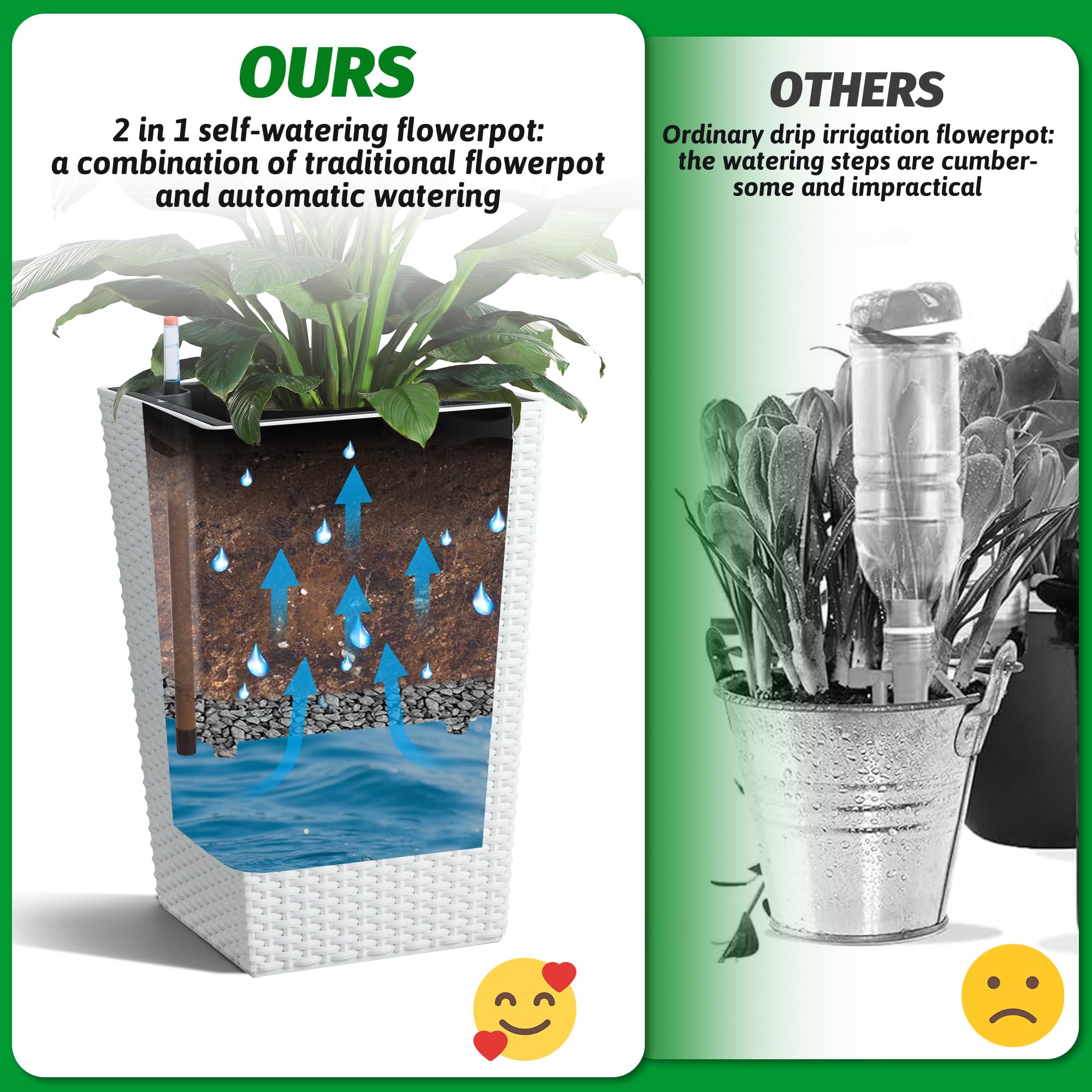 Garvee 16 Inch Tall Rattan Planter Set of 2 with Water Level Monitor & Wheels, Durable Weather-Resistant Plastic, Self-Watering, White, for Patio & Indoor