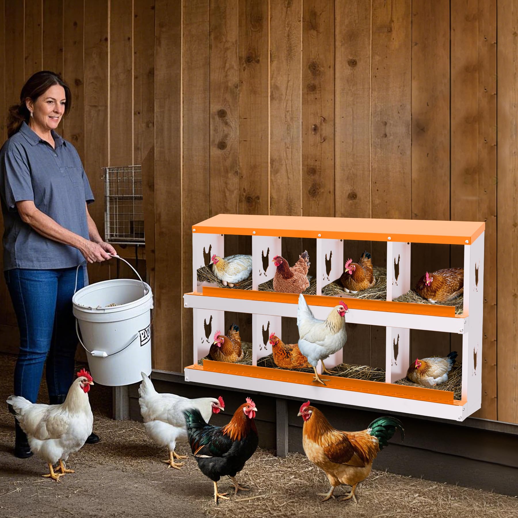 Garvee 8-Hole Chicken Nest Box Heavy Duty Galvanized Steel  Ventilation System Bioengineering Design Orange for Hens Ducks Small Poultry