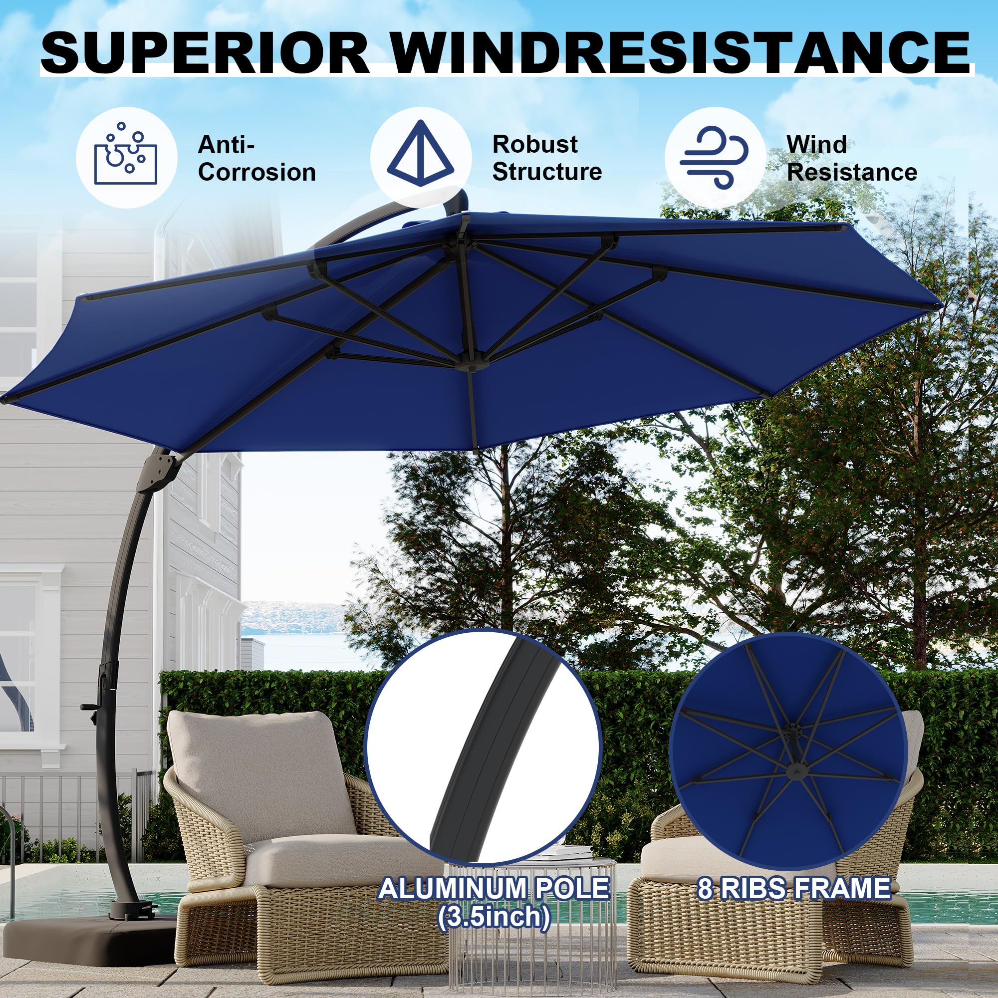 Garvee Large Round Aluminum Offset Umbrella – 360° Rotation, Infinite Tilt, 220g Polyester, Heavy-Duty Rust-Proof Base, Patio Poolside Garden
