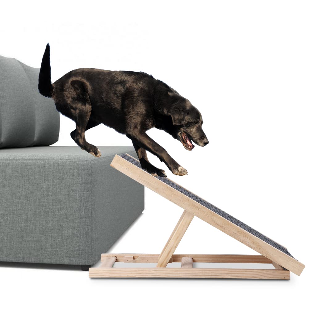 Garvee Wooden Adjustable Dog Ramp for Bed Couch, 27.6'' x 13.4'' Foldable Pet Ramp for Small or Large Dog with Non-Slip Surface Portable Dog Car Ramp for SUV Car, RVs & Truck, Up to 100 LBS