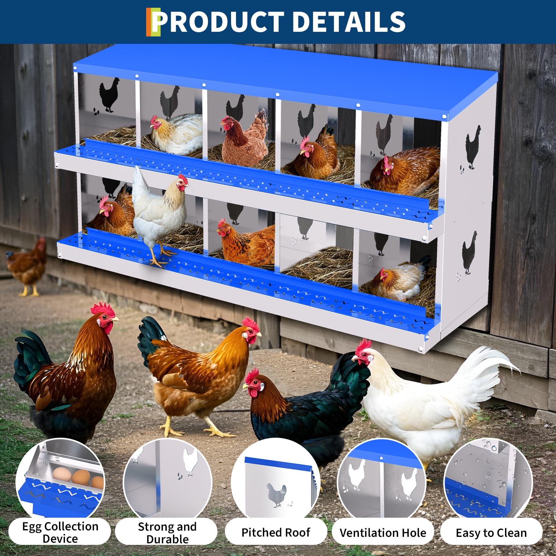 Garvee 10-Hole Chicken Nest Box Heavy Duty Galvanized Steel  Ventilation System Bioengineering Design Blue for Hens Ducks Small Poultry