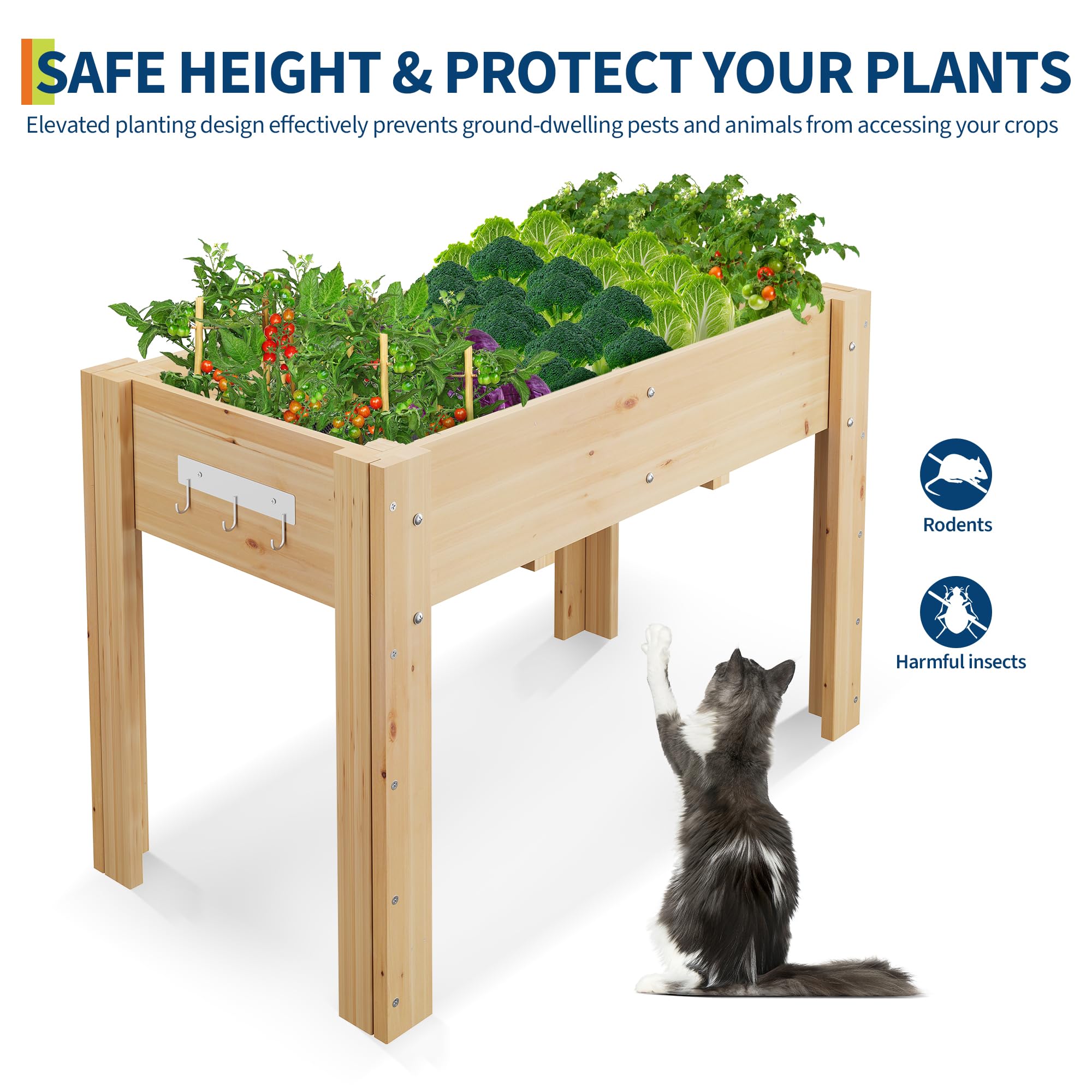 Garvee Raised Garden Bed 47x30x23in Solid Fir Wood Elevated Planter with Fabric Liner, Hooks & Legs for Outdoor Vegetable Herb Growing Patio