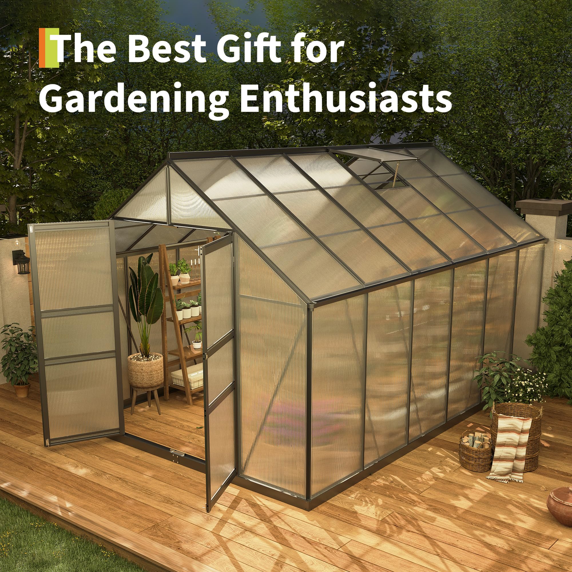 Garvee 8x12 FT Outdoor Walk-in Greenhouse with Polycarbonate Panels, Vent Roof, Windproof Aluminum Frame, Rain Gutters, for Backyard Gardening