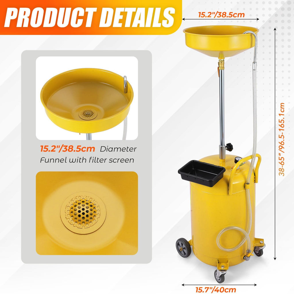 Garvee 20 Gallon Waste Oil Drain Tank Portable Air-Operated Adjustable Height Steel Oil Drainer with Wheels Automotive Workshop Use