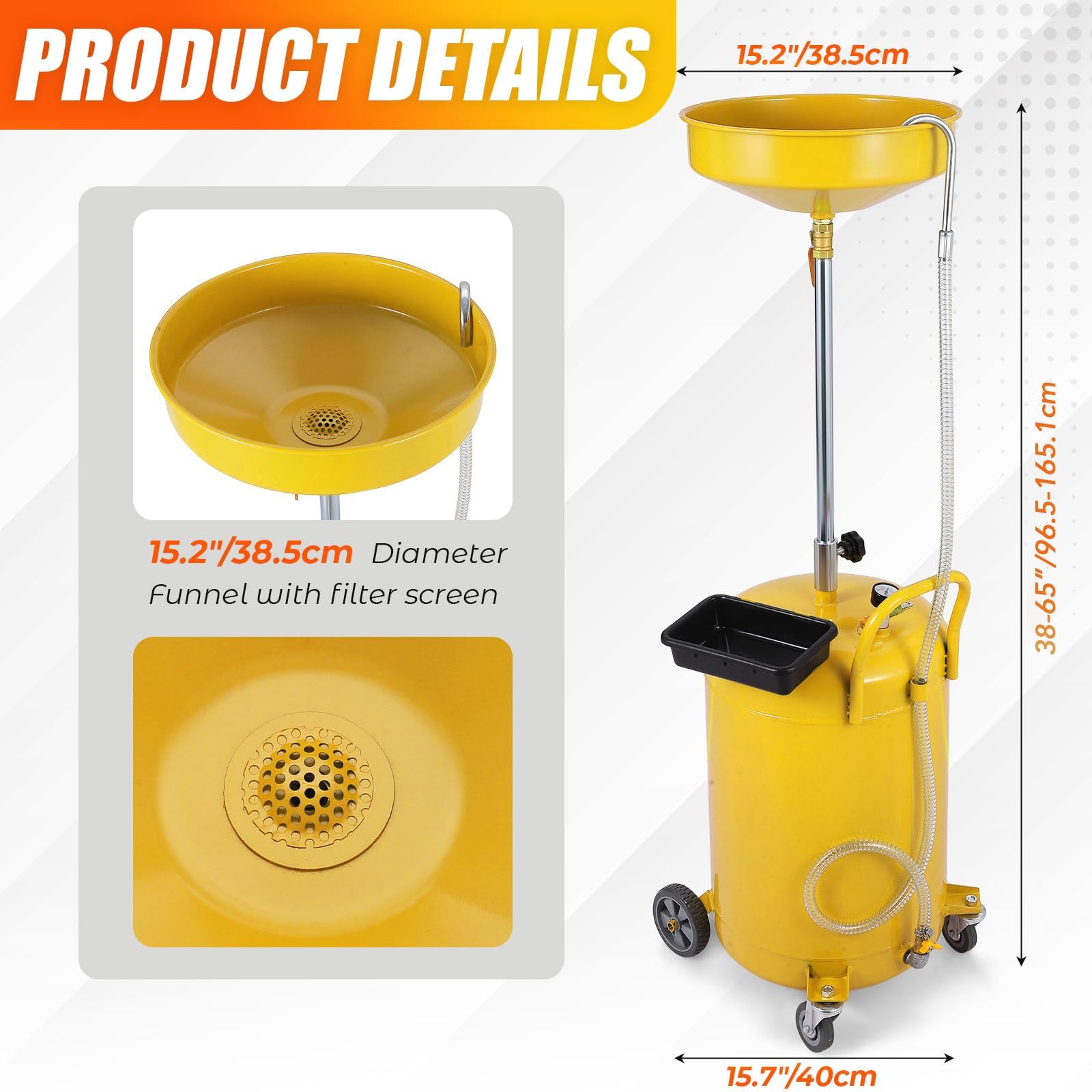 Garvee 20 Gallon Waste Oil Drain Tank Portable Air-Operated Adjustable Height Steel Oil Drainer with Wheels Automotive Workshop Use