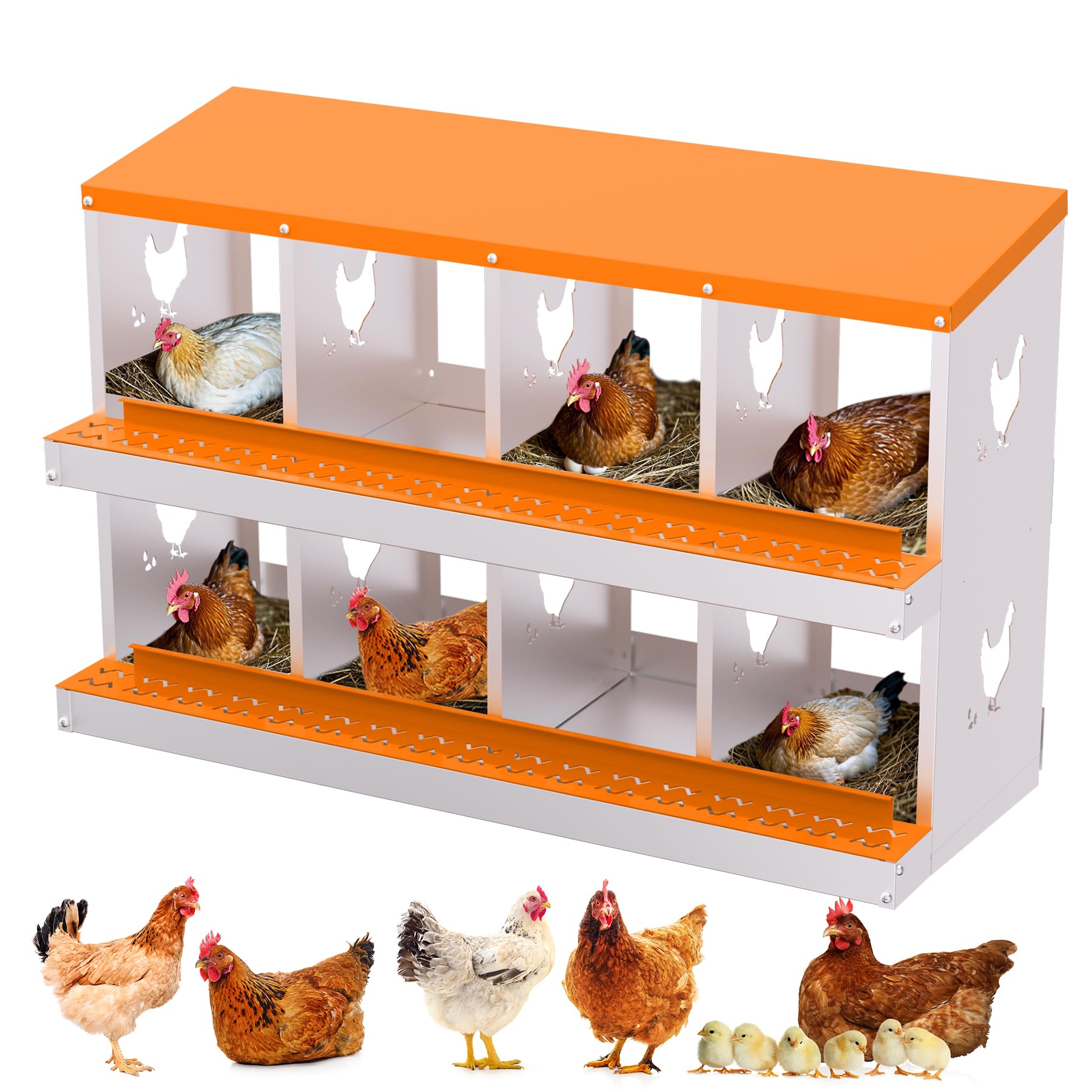 Garvee 8-Hole Chicken Nest Box Heavy Duty Galvanized Steel  Ventilation System Bioengineering Design Orange for Hens Ducks Small Poultry
