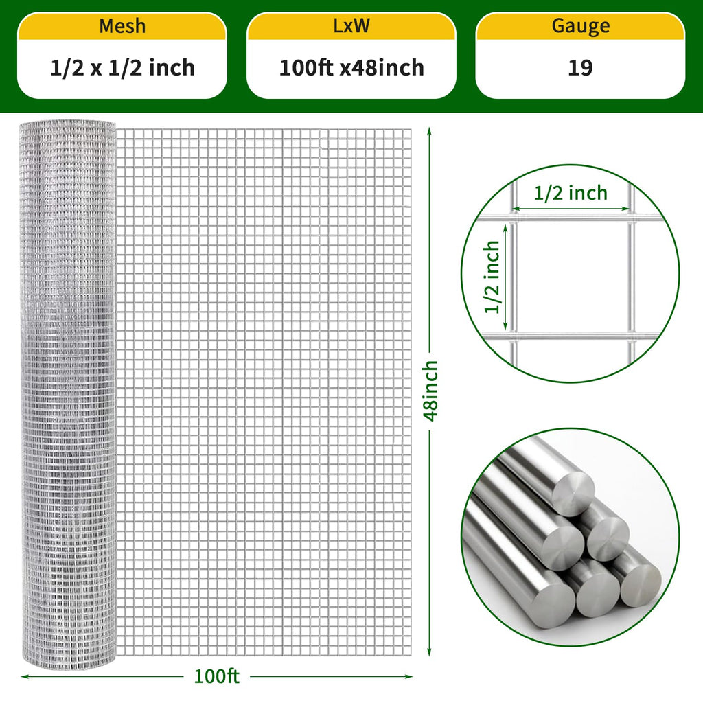 Garvee 19 Gauge Hardware Cloth 1/2 Inch Mesh 48INx100FT - Heavy-Duty Galvanized Steel, Rust-Resistant, Flexible DIY, Garden & Poultry Protection