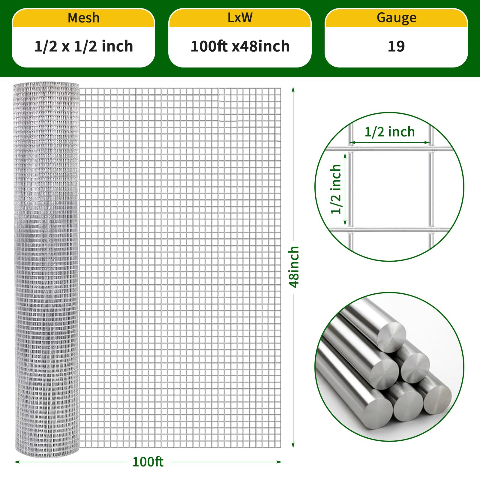 Garvee 19 Gauge Hardware Cloth 1/2 Inch Mesh 48INx100FT - Heavy-Duty Galvanized Steel, Rust-Resistant, Flexible DIY, Garden & Poultry Protection
