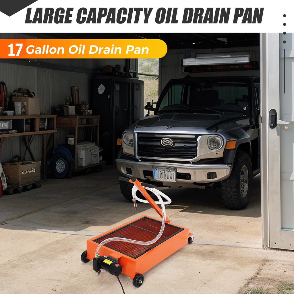 Garvee 20 Gallon Low Profile Oil Drain Pan with 110V Electric Pump, High-Impact Polypropylene, Collapsible T-Handle, 8ft Hose, Rolling Cart for Garage Use
