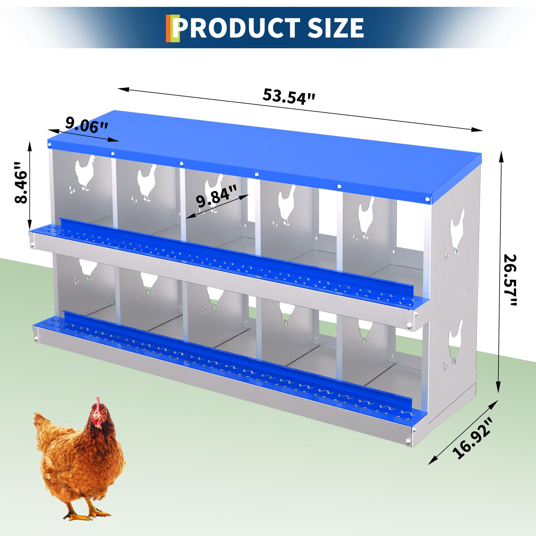 Garvee 10-Hole Chicken Nest Box Heavy Duty Galvanized Steel  Ventilation System Bioengineering Design Blue for Hens Ducks Small Poultry