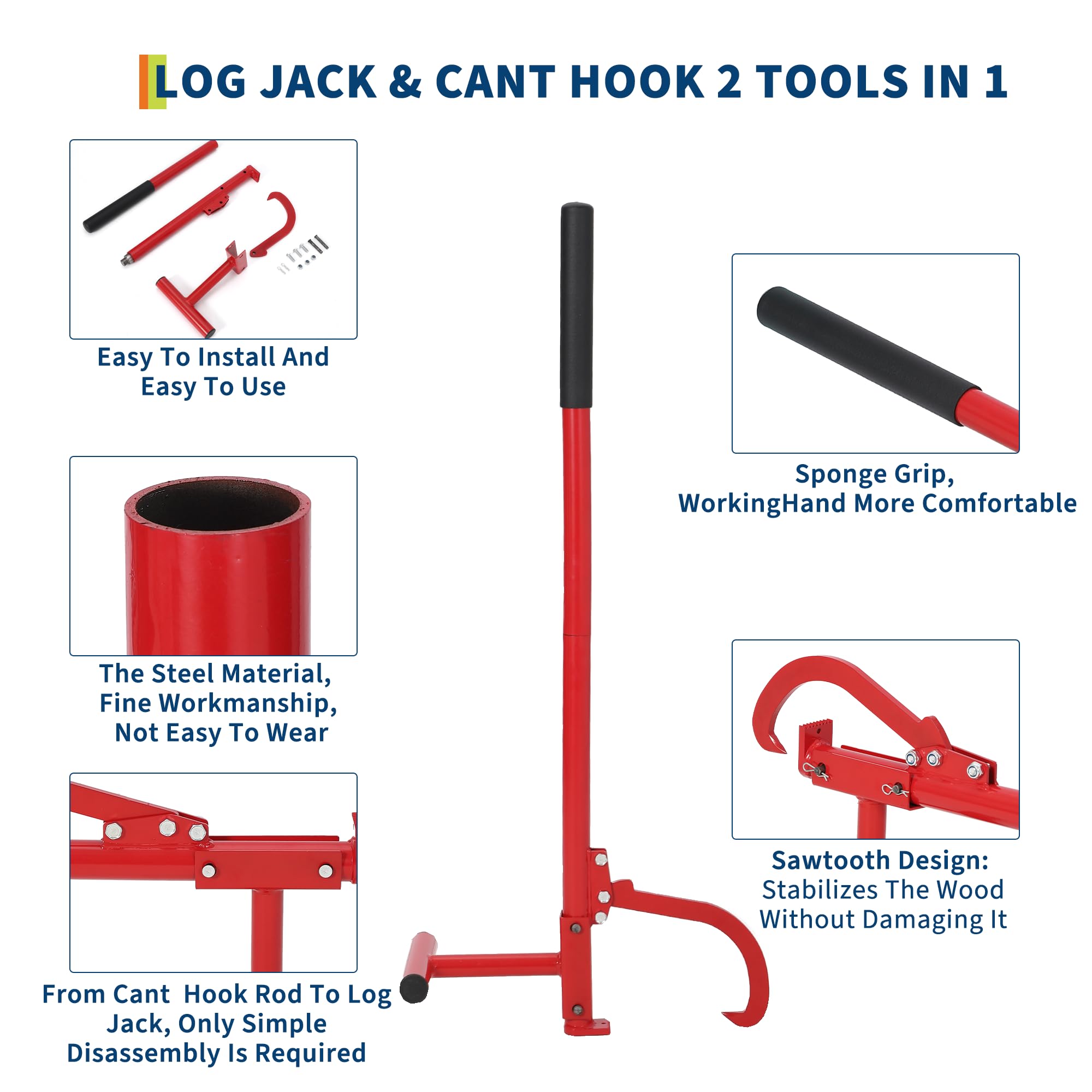 Garvee 48" Cant Hook Logging Tool with Rubber Grip, Adjustable Heavy-Duty Steel Log Roller, Powder-Coated Carbon Steel, Ergonomic Handle, Forestry Logging