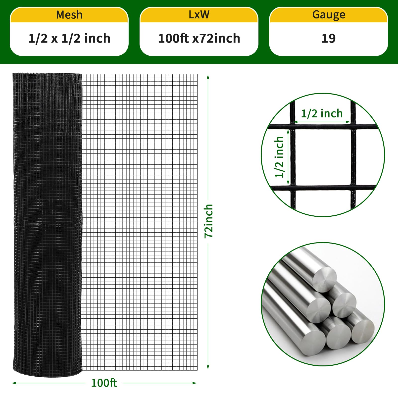 Garvee 19 Gauge Hardware Cloth 1/2 Inch 48 Inx100 Ft - Rust-Resistant, Easy-Cut Galvanized Steel Mesh - Vinyl Coated, Flexible, Black - Garden & Poultry Protection