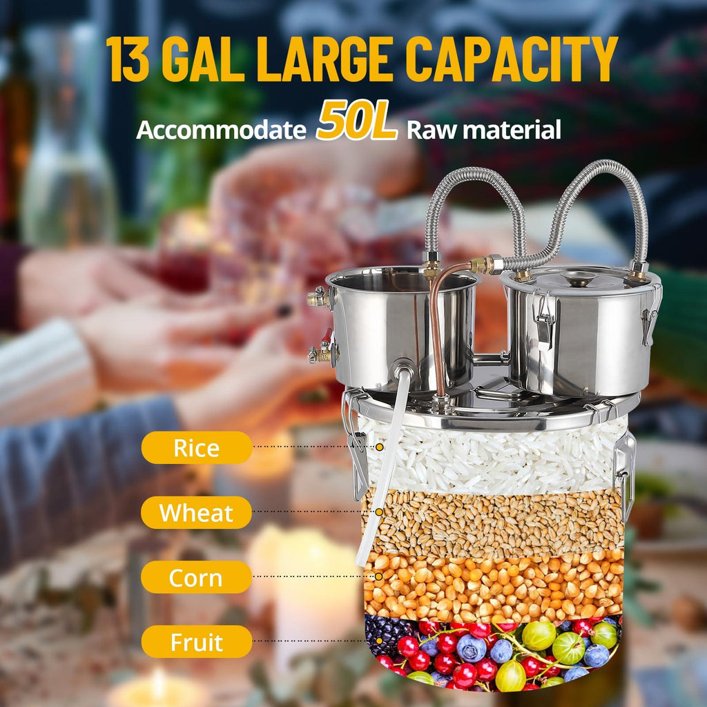Garvee 13 Gal / 49L Alcohol Still, Stainless Steel Home Distillation Kit with Copper Tube and Built-In Thermometer, 3 Pots Multifunctional Wine Making Kit for Diy Whiskey Wine Brandy