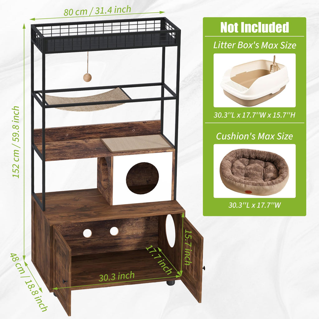 Garvee Wooden Cat Litter Box Furniture Hidden with Storage Shelf, Sisal Hammock & Reversible Entrance, Engineered Wood+Metal, Scratch Mat & Play Ball, Rustic Brown, Indoor Cat House