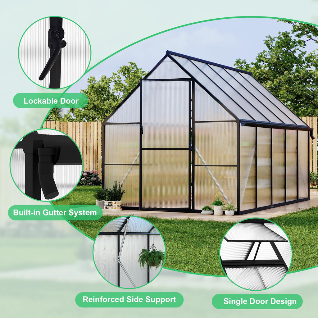 Garvee Heavy Duty Polycarbonate Greenhouse 8x10FT – Outdoor Walk-In Aluminum Frame, Double Swing Doors, Roof Vent, UV Protection, High Wind Resistant, Quick Setup, Garden, Black