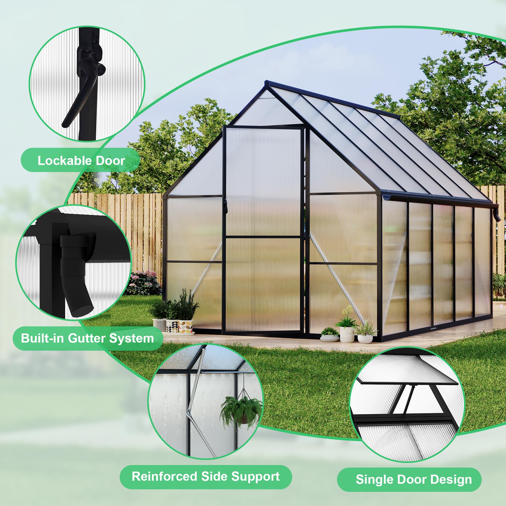 Garvee Heavy Duty Polycarbonate Greenhouse 8x10FT – Outdoor Walk-In Aluminum Frame, Double Swing Doors, Roof Vent, UV Protection, High Wind Resistant, Quick Setup, Garden, Black