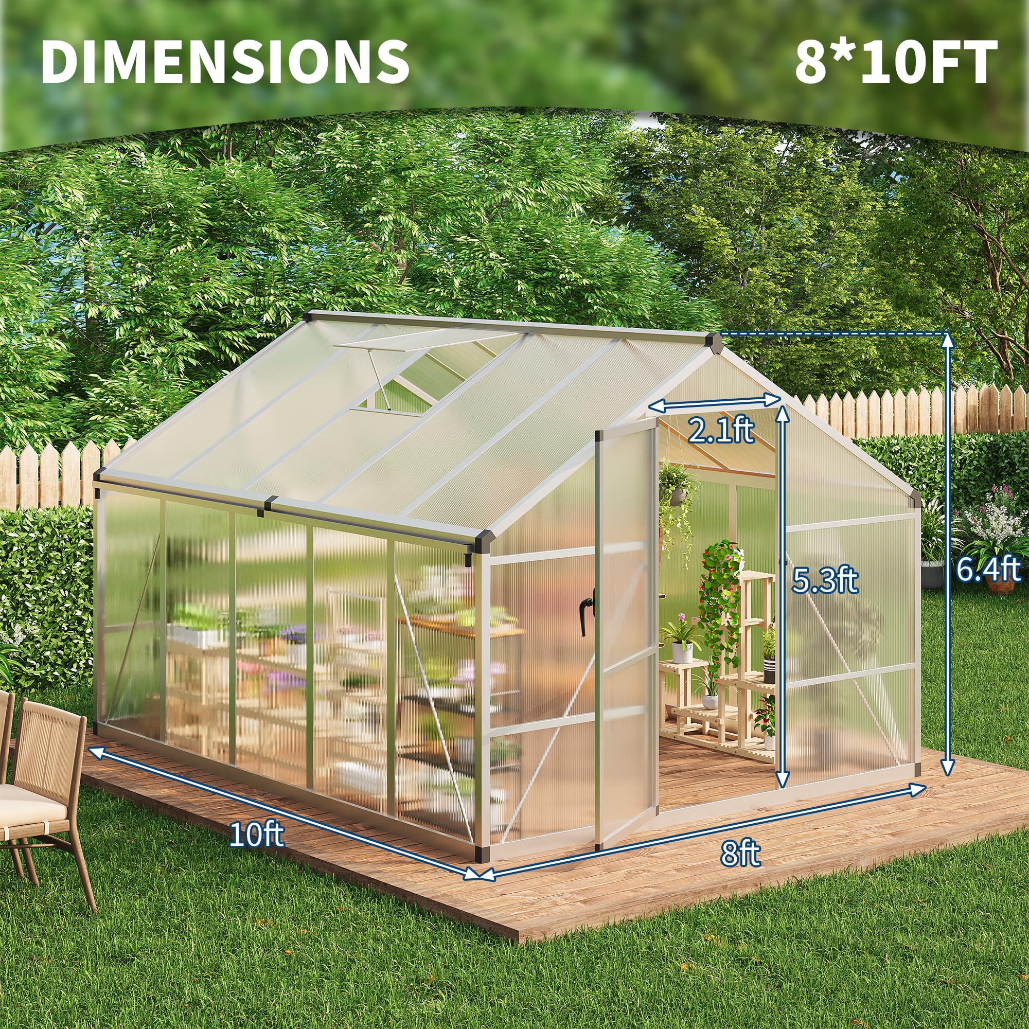 Garvee 8' × 10' Polycarbonate Greenhouse, Walk-In Garden House with Roof Vent, Silver