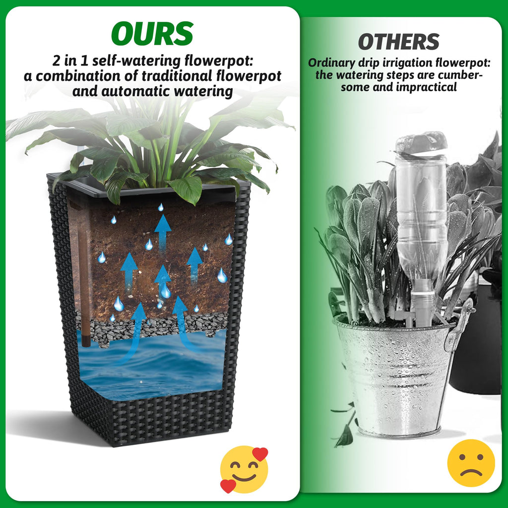 Garvee 16 Inch Tall Rattan Planter Set with Water Level Monitor & Wheels, Durable Plastic, Self-Watering & Drainage, Indoor & Outdoor Use