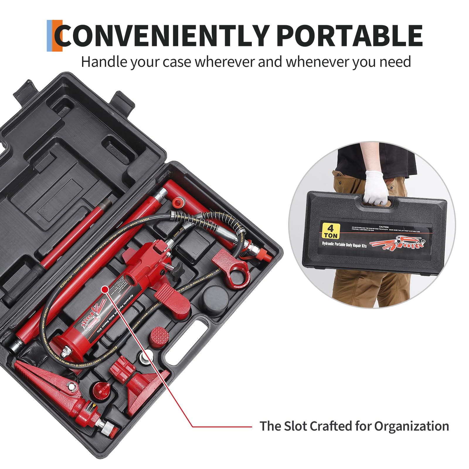 Garvee 4 Ton Porta Power Hydraulic Jack Kit with 4.6 Ft Oil Hose, Heavy Duty, Portable HDPE Case, Automotive & Farm Use