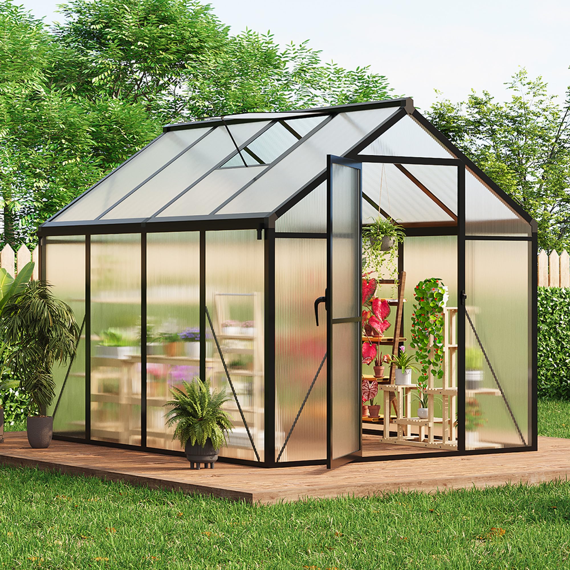 Garvee 6x8 FT Polycarbonate Greenhouse for Outdoors with Roof Vent & Lockable Push Door, Aluminum Frame, Ground Nails, Rain Gutters, Large Walk-in for Garden Patio Lawn