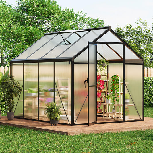Garvee 6x8 FT Polycarbonate Greenhouse for Outdoors with Roof Vent & Lockable Push Door, Aluminum Frame, Ground Nails, Rain Gutters, Large Walk-in for Garden Patio Lawn