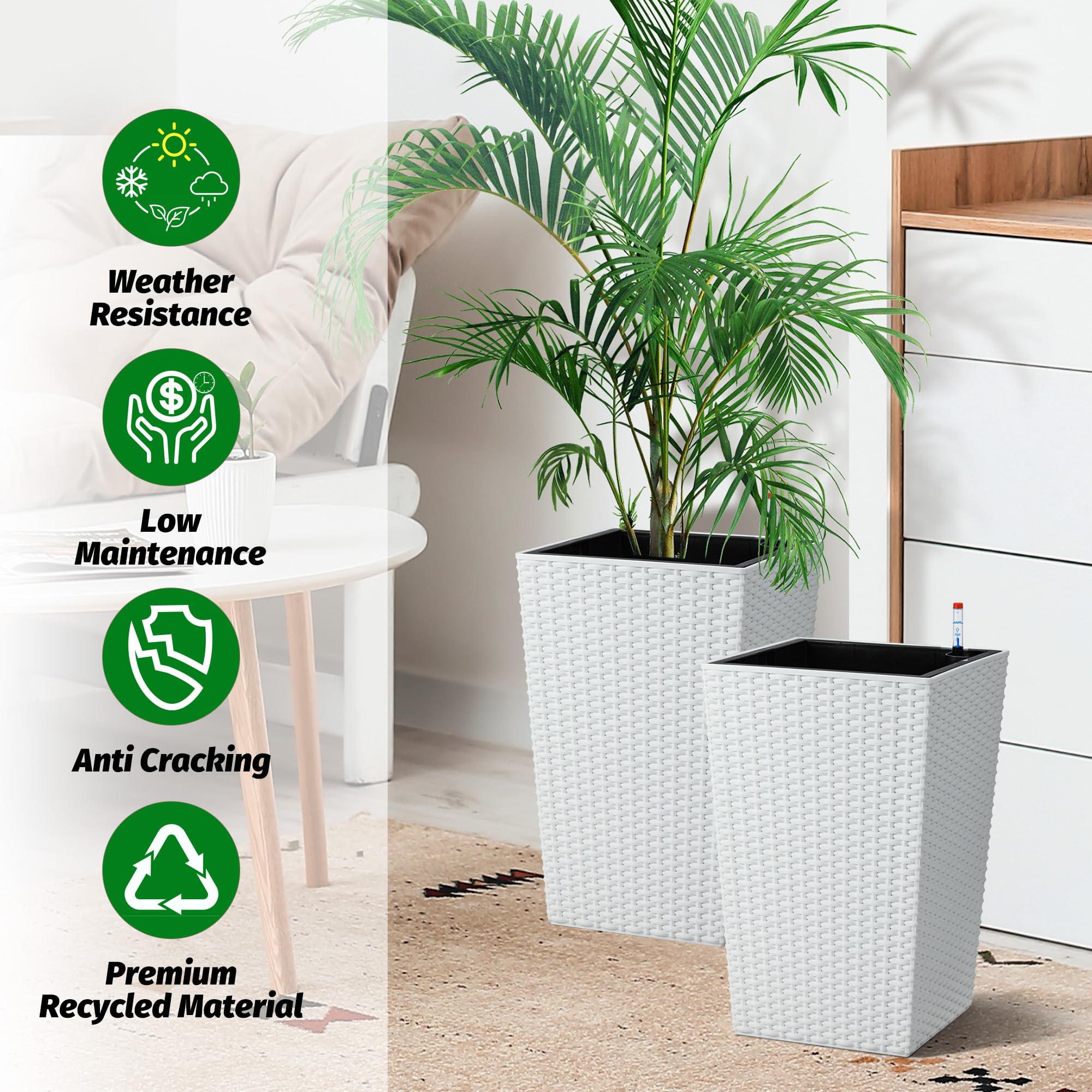 Garvee 16 Inch Tall Rattan Planter Set of 2 with Water Level Monitor & Wheels, Durable Weather-Resistant Plastic, Self-Watering, White, for Patio & Indoor