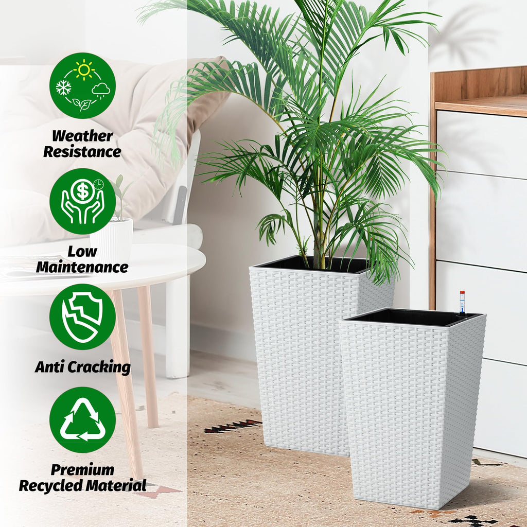 Garvee Tall Rattan Planter Set of 4,Self Watering Plant Pots with Water Level Monitor, Outdoor&Indoor Flower Pots for Patio,Porch, Living Room,Home Office