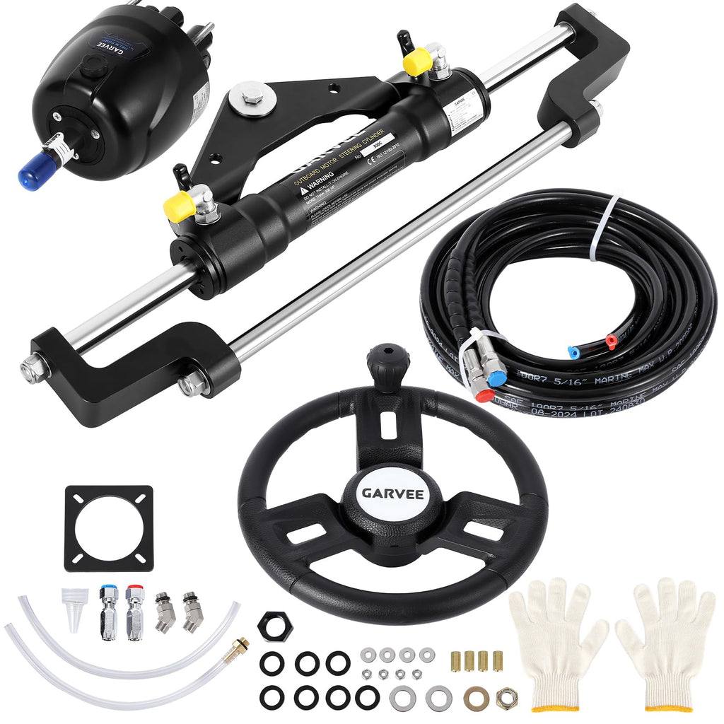 Garvee 300HP Hydraulic Steering Kit for Small-Medium Boats - Precise Control & High Pressure - Corrosion-Resistant Aluminum - Leak-Proof Hoses & Compact Cylinder - Fits Most Outboard Motors - Marine Navigation