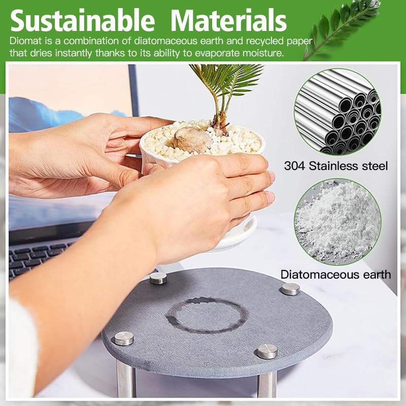Garvee 2 Pack 8" Diatomaceous Earth Plant Saucers for Indoor, Absorbent Quick Drying Stone Plant Pot Trays with Stainless Steel Feet, No Holes Water Catcher Plates, Grey
