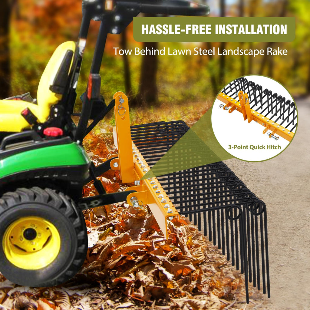 GARVEE 72" Pine Straw Rake - 30 Spring Tines, Powder Coated Steel, 3-Point Hitch Cat 0/1 (Tow Behind for Yard Cleanup/Dethatching)