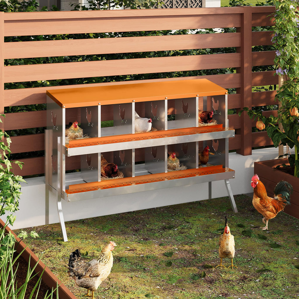 Garvee 10-Hole Bracket Legs Chicken Nesting Box Galvanized Steel Rustproof Automatic Egg Collection Ventilated Easy Install Wall or Freestanding for Chicken Coop Orange