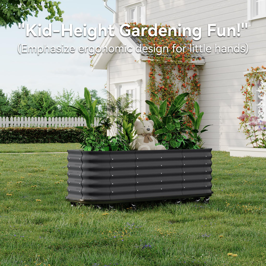 Garvee Mobile Raised Garden Bed with Water Reservoirs, Lock Wheels, Rustproof Galvanized Steel, Wave Panels, Compact Design for Patio & Indoor Herbs