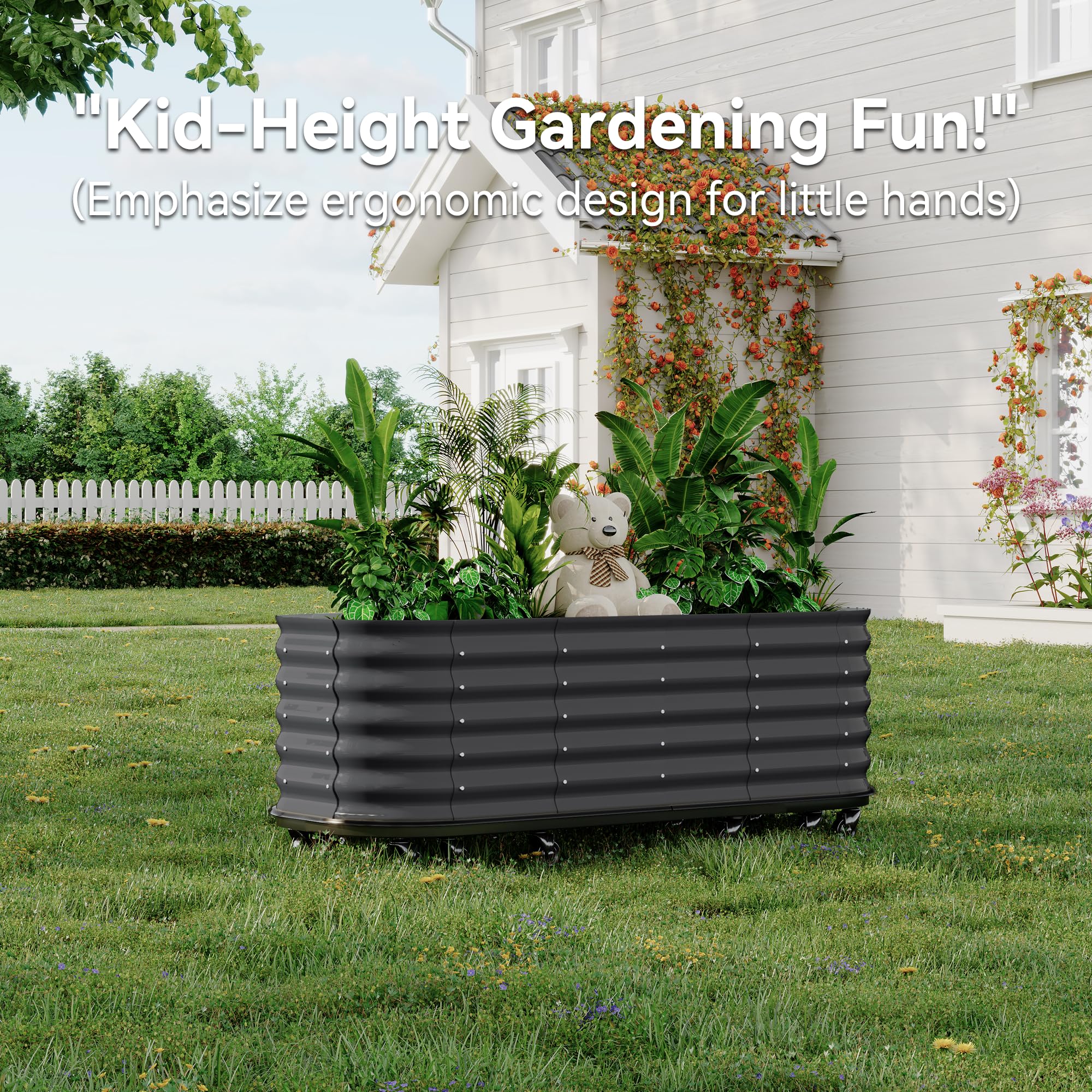 Garvee Mobile Raised Garden Bed with Water Reservoirs, Lock Wheels, Rustproof Galvanized Steel, Wave Panels, Compact Design for Patio & Indoor Herbs