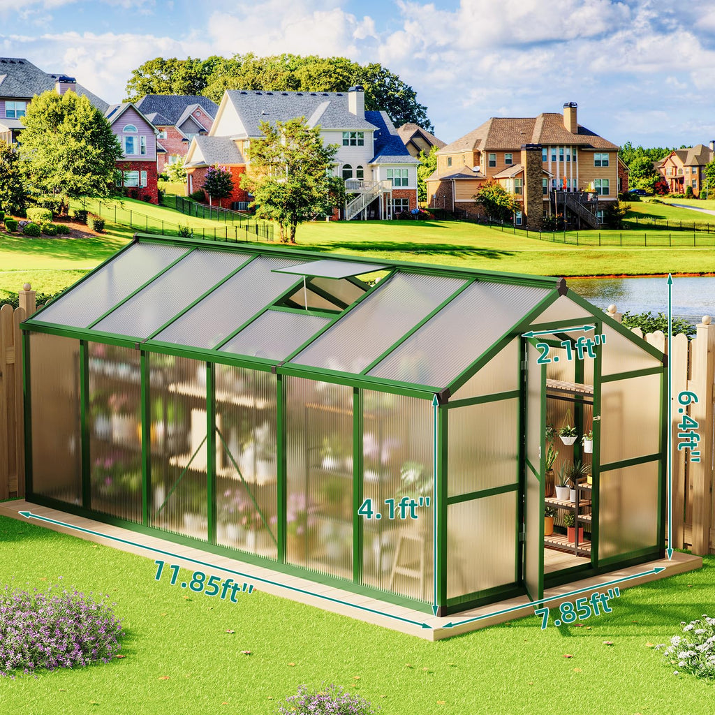 Garvee 8' × 12' Polycarbonate Greenhouse, Walk-In Garden House with Roof Vent, Green